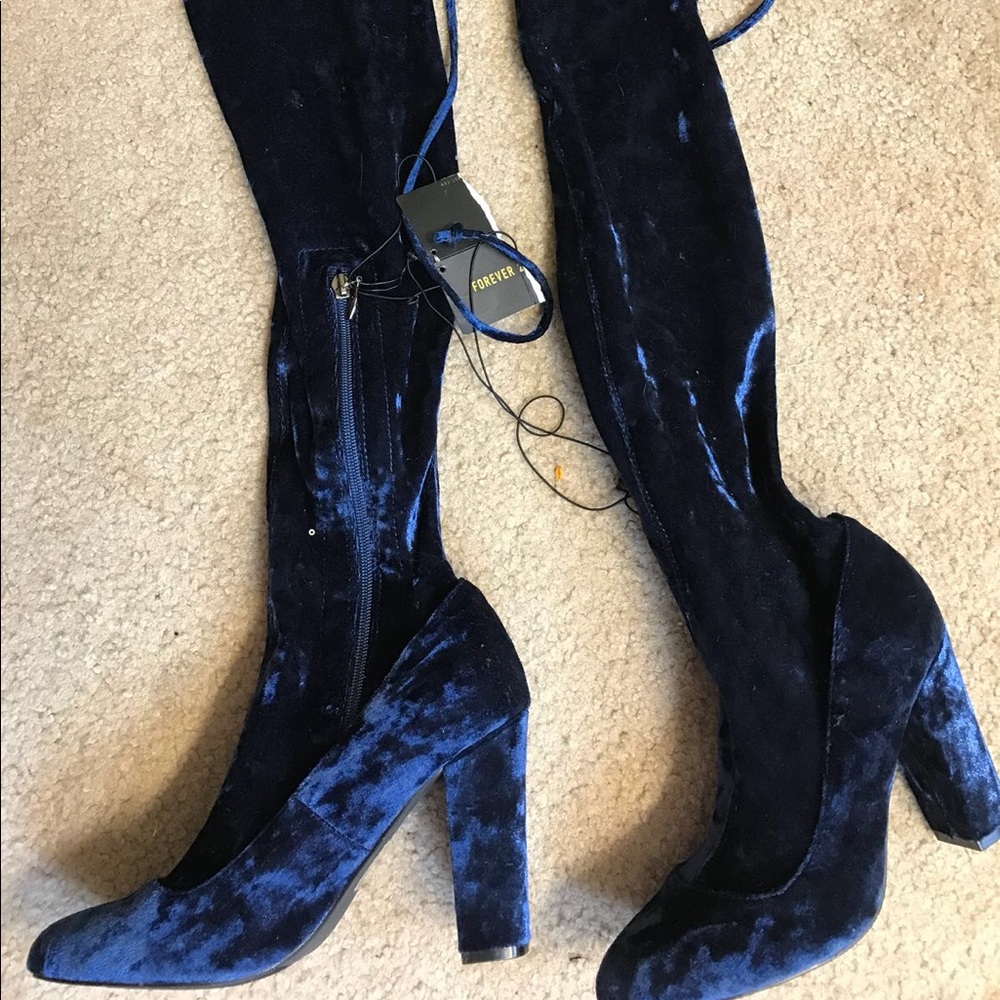 Blue velvet thigh high boots